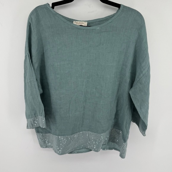Bellambra Tops - Bellambra Sage Green 100% Linen Sequin Trim Top Made in Italy Small